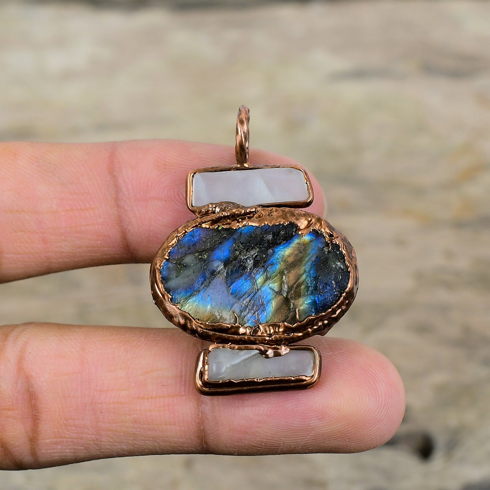 Labradorite Rough Gemstone Jewelry Copper Electroformed Pendant For Girls 1.73″