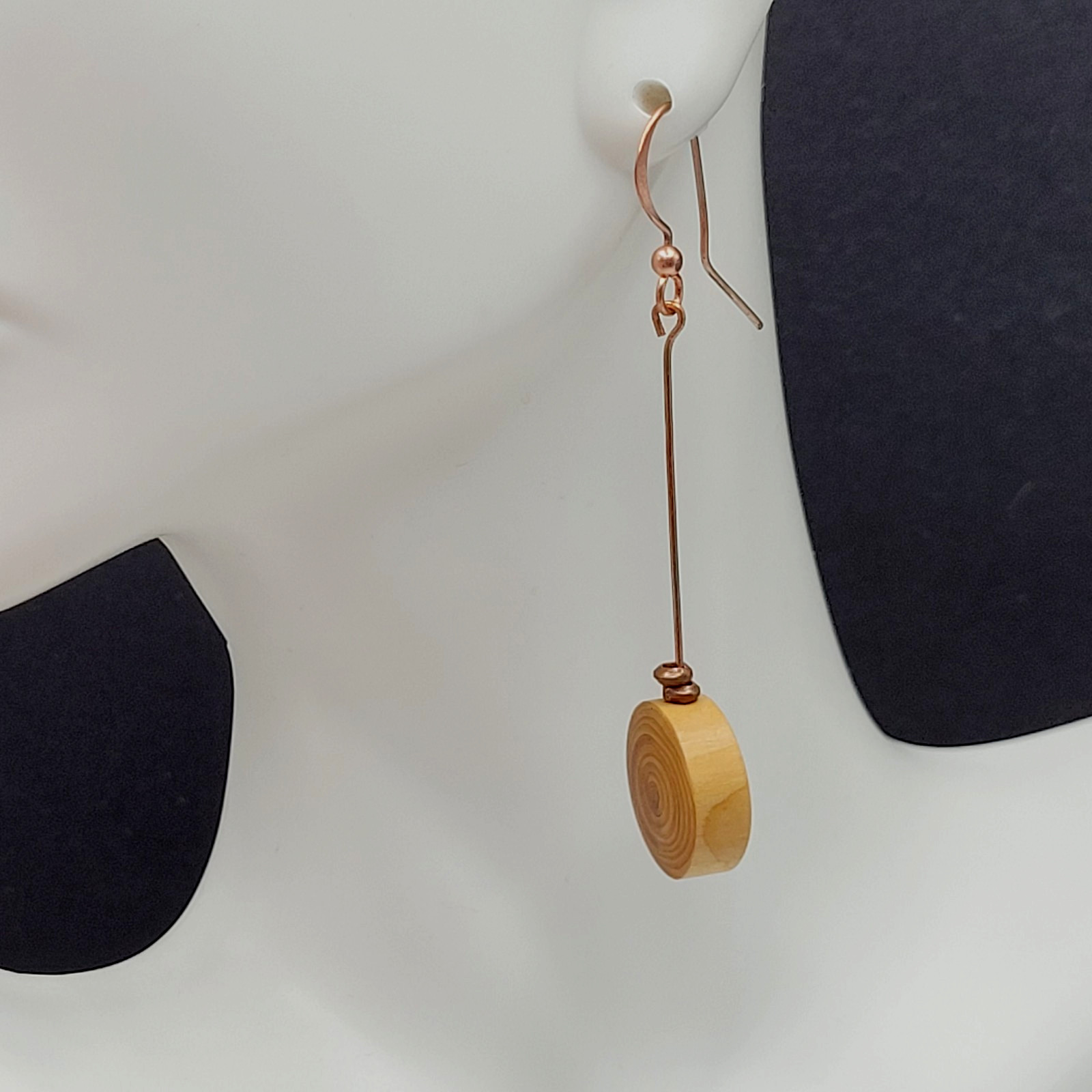 Artisan Handcrafted Round Wood Slice Drop Earrings Long Copper Wire Tree Ring