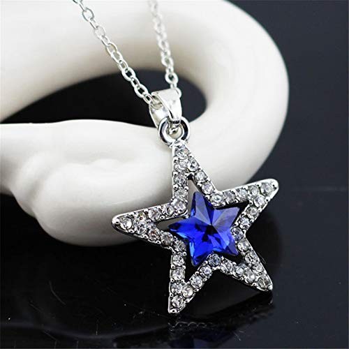 Five-Pointed Star Sapphire Crystal Pendant Necklace, Fashion Silver Blue