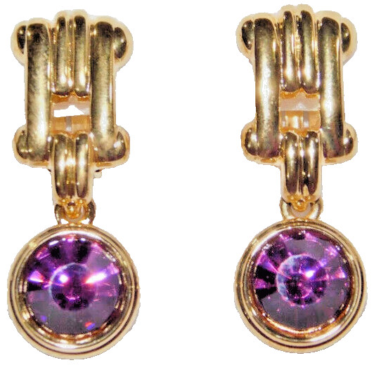 Clip Earring Bijoux Cascio CZ dangle 18kt yellow gold purple designer boxed New