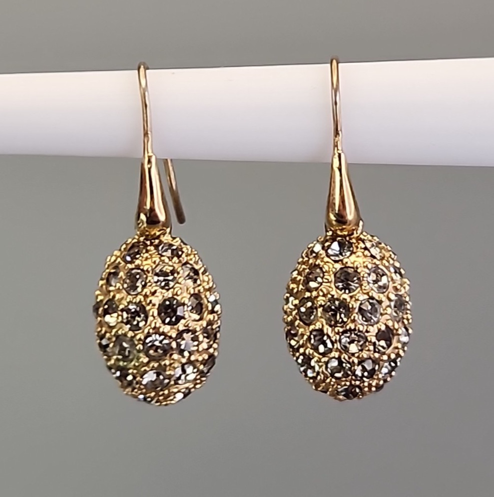 Rhinestone Egg Pierced Earrings Clear Pave Dangle Gold Tone 1″