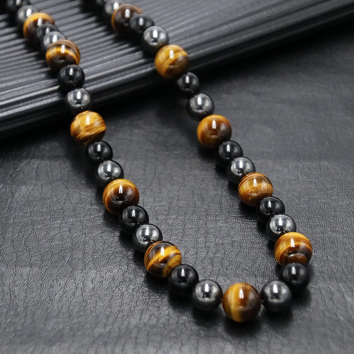 8MM Tiger Eye Set Men Triple Protection Necklace 24” Hematite Obsidian Bracelet
