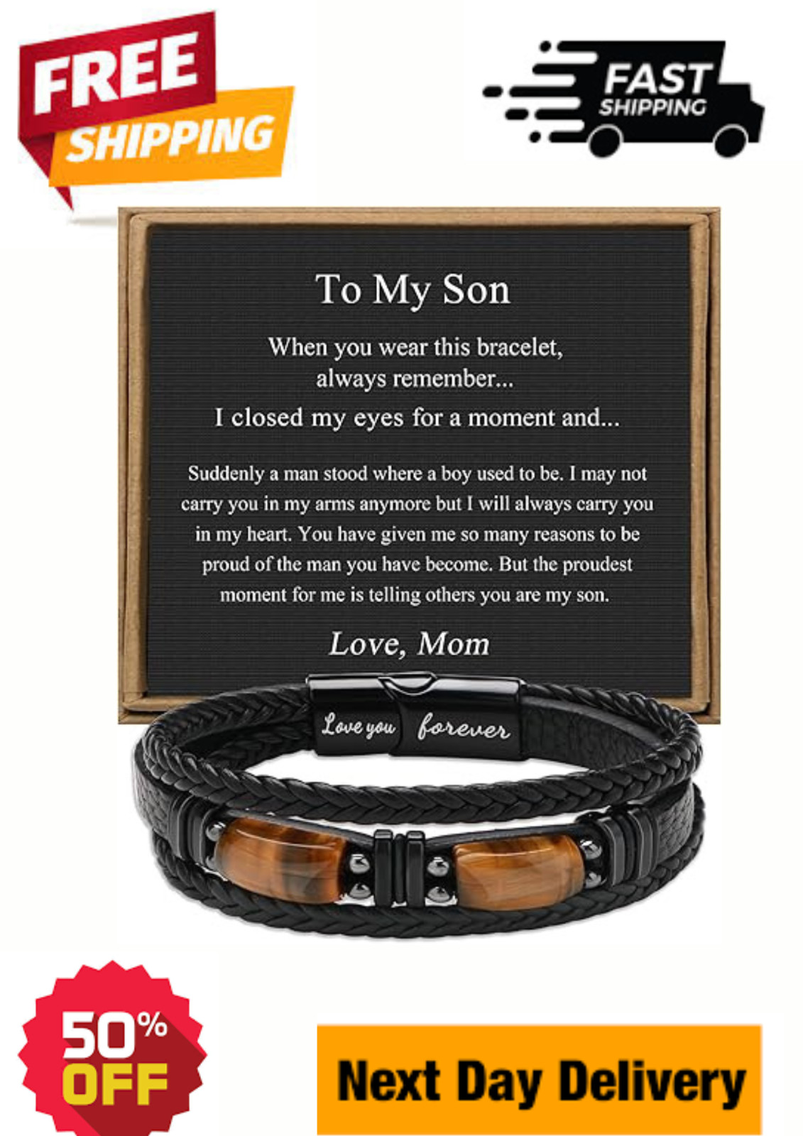 Leather Bracelet W/Tigers Eye To My Son Birthday Gift Love You Forever Bracelet
