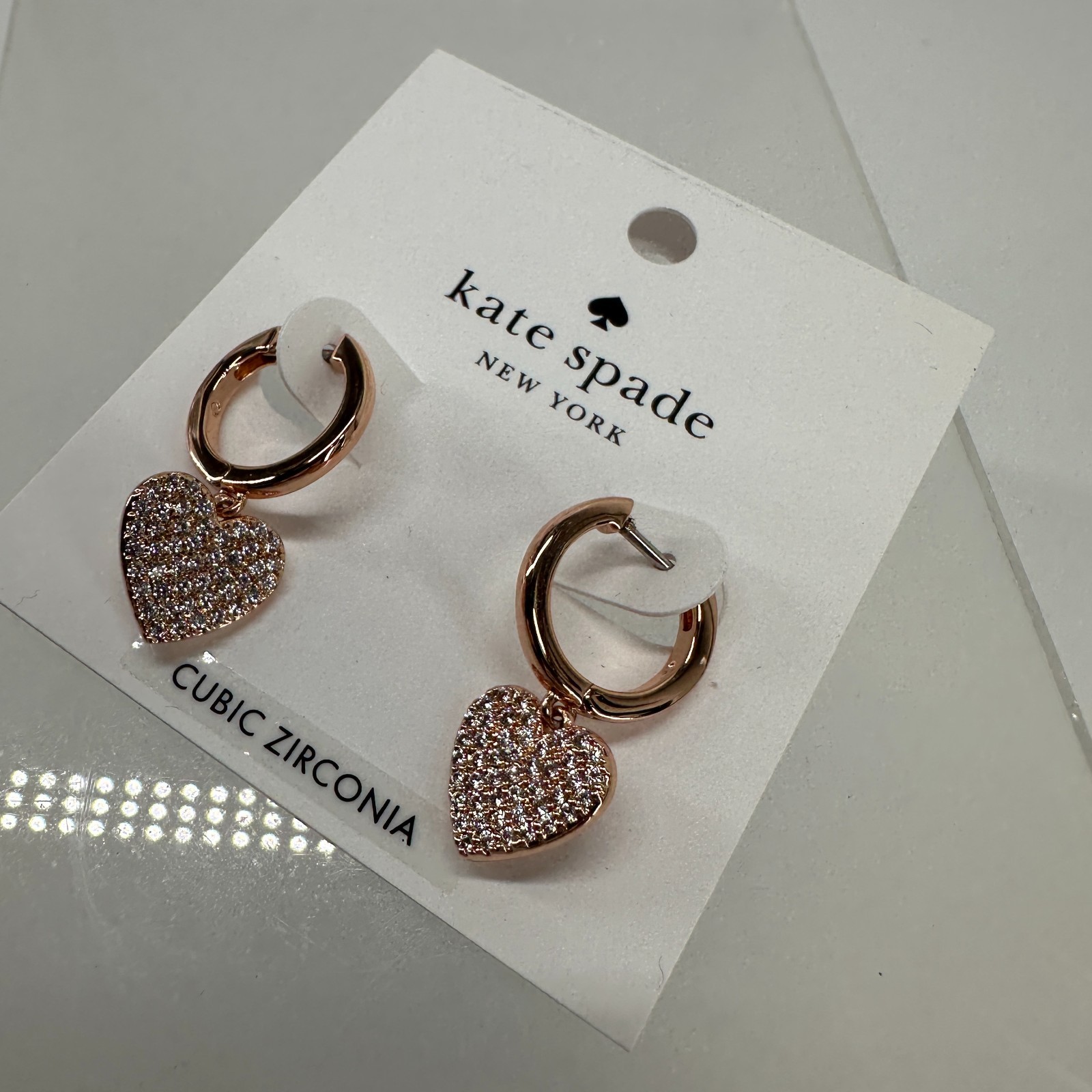 Kate Spade New York Rose Gold Silver Pave Heart Dangle Drop Earrings