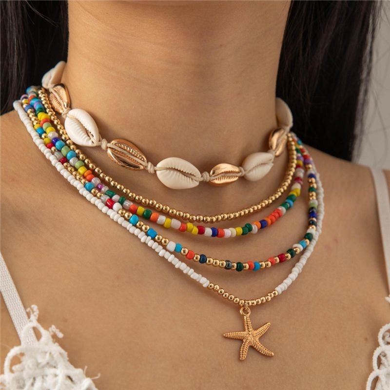 Rainbow Seed Bead Beaded Bracelet Necklace Set Seashell Starfish Beach Jewelry