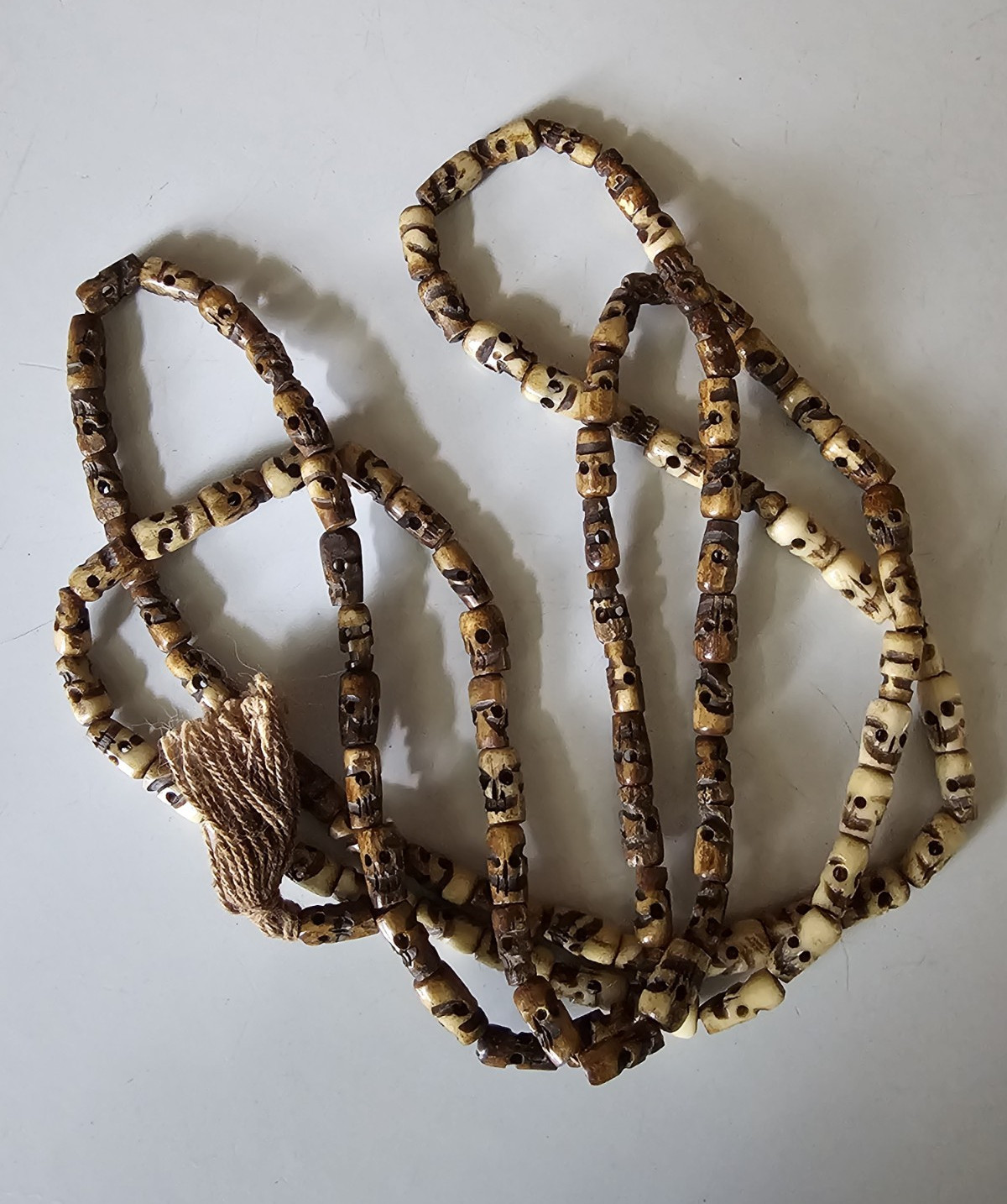 Bone Skull Beaded Necklace Brown/Beige Ball Chain Tassel 30in