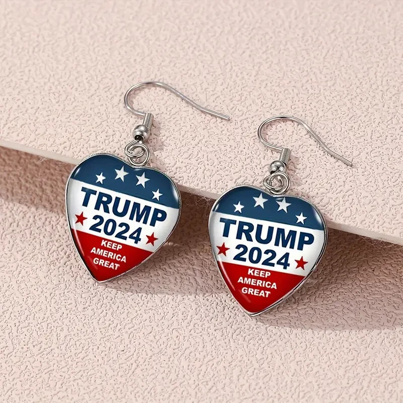 Trump 2024 MAGA Patriotic Heart-Shaped Drop Earrings Alloy