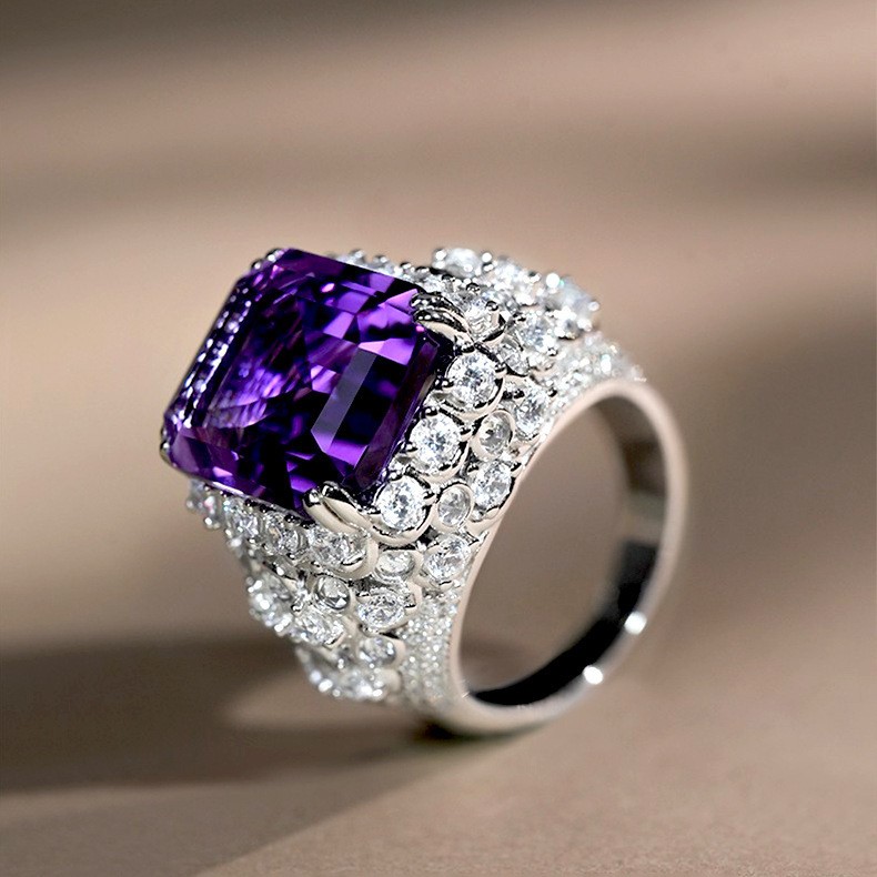 New 12mm High Carbon Purple Amethyst Gemstone Sparkling Silver Women Girls Ring