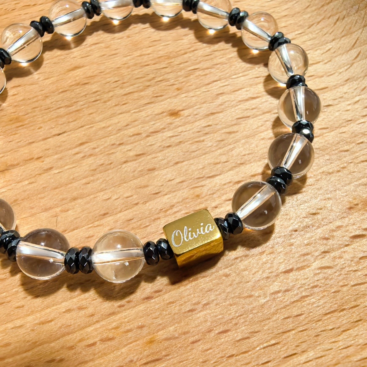 Custom Engraved Bracelet Clear Quartz Hematite Beaded Love Jewelry Women Gift