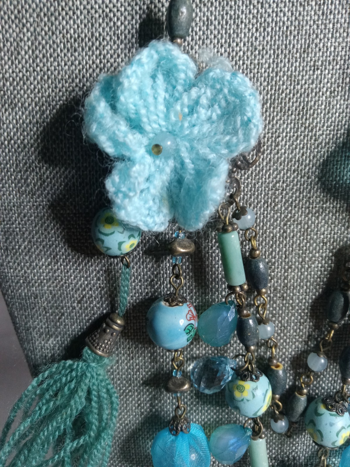 Vintage Turquoise Crocheted Blue flower Beads Necklace Multii-Strand Tassel