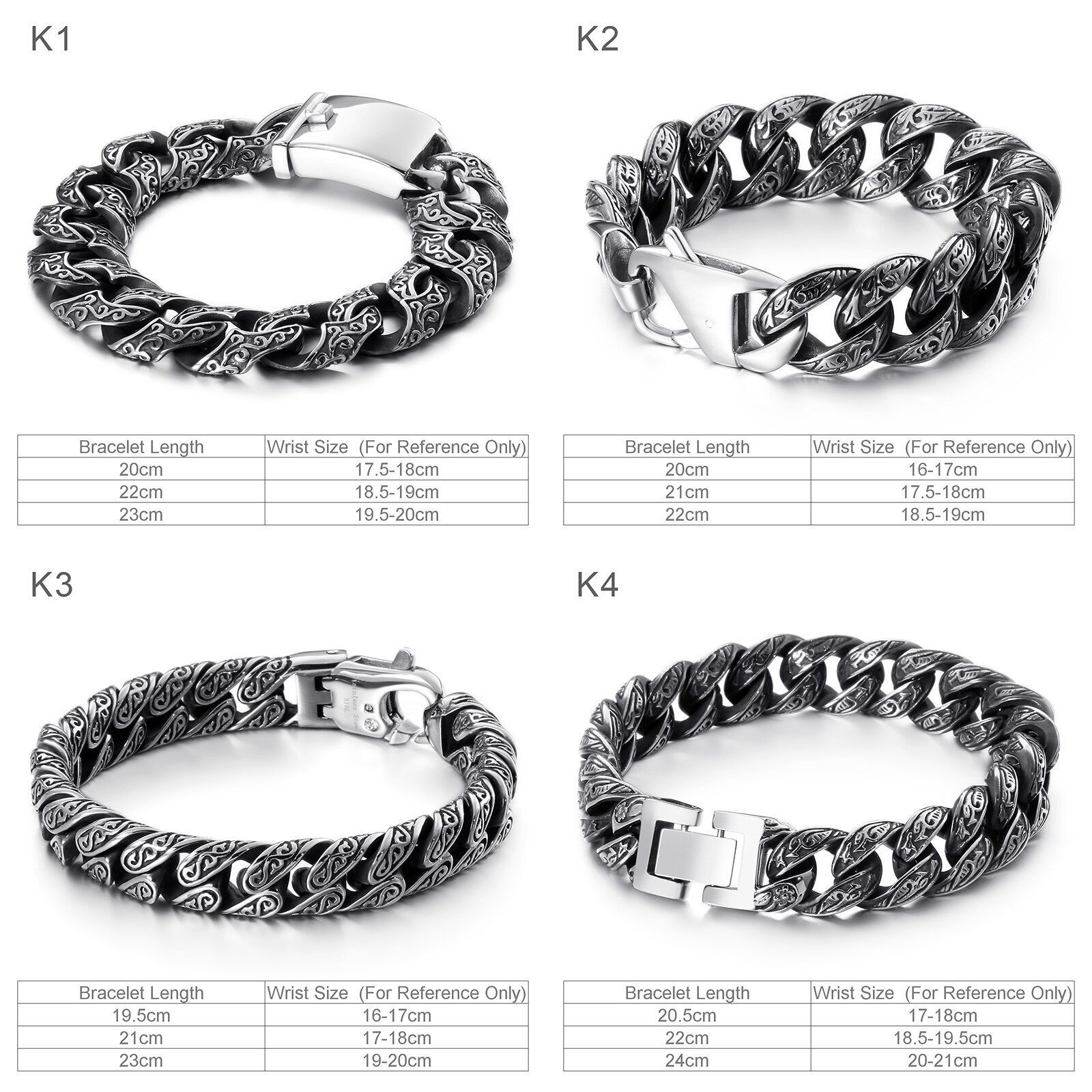 19.5-24cm Hip Hop Cuban Link Chain Bracelet Punk Stainless Steel Fashion Jewelry