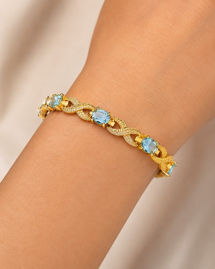 GENUINE 6.22 Cts AQUAMARINE & DIAMOND BRACELET 14K YELLOW GOLD PLATED – NWT