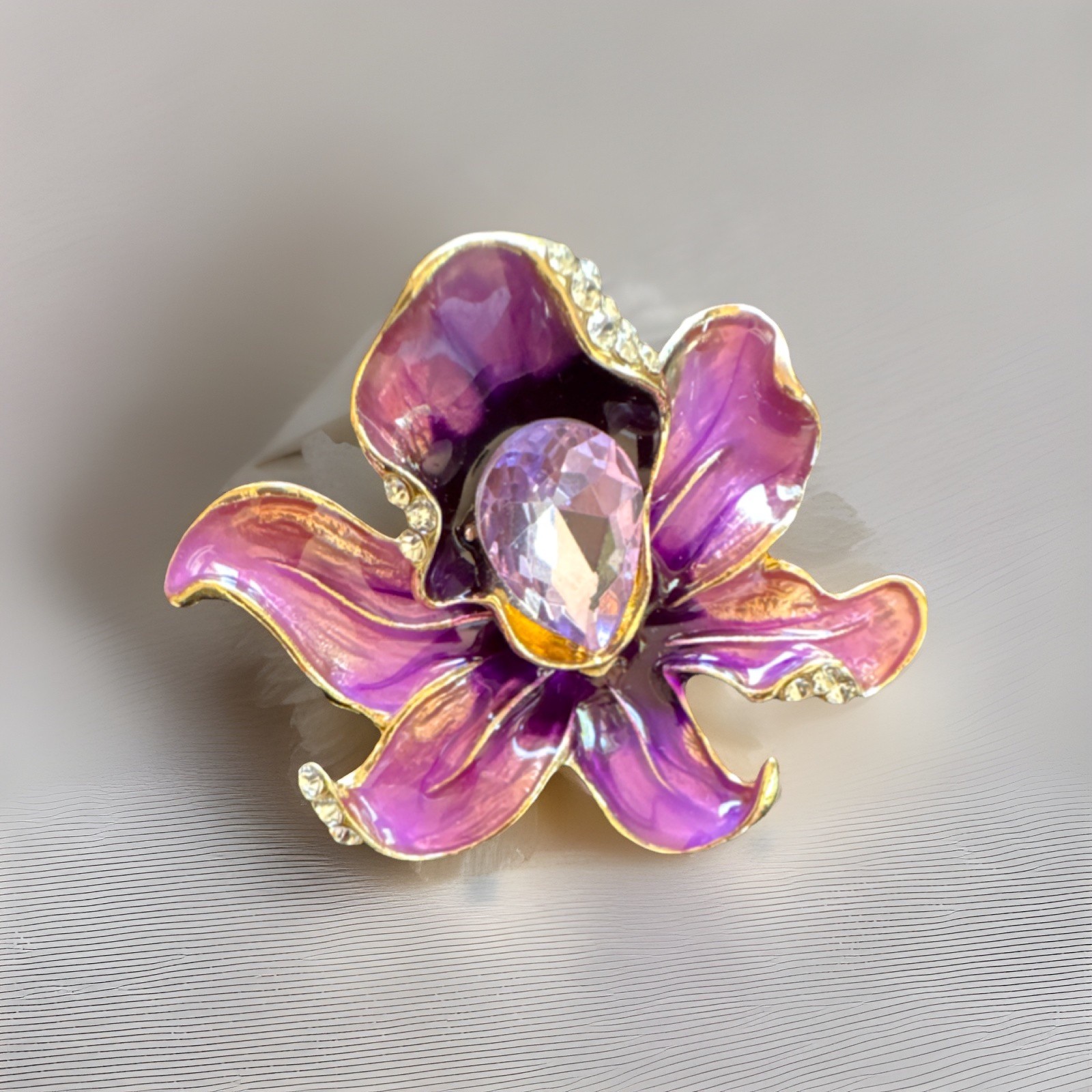 Purple Flower Enamel Glass Brooch Pin Gold Pear Stone Plant Theme