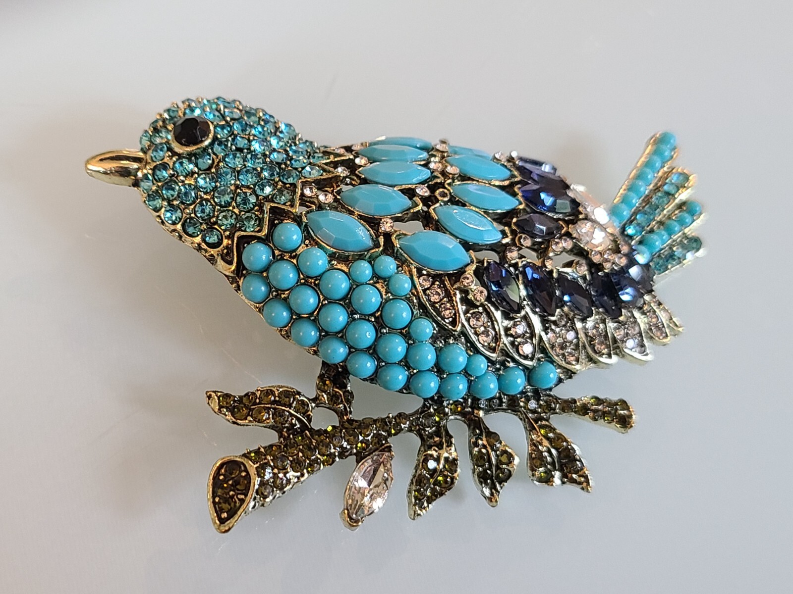 FAB HUGE 3.75″ New UNSIGNED I DESIGNER MARQUISE RHINESTONE BLUE BIRD PIN