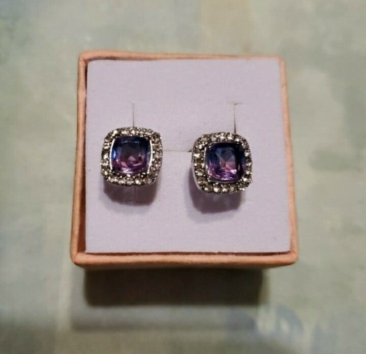Bi-color Pink/purple square crystal halo style stud Earrings
