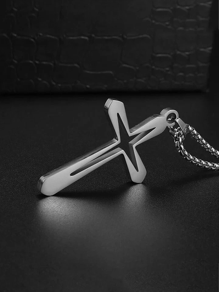 Stainless Steel Hollow Cross Pendant Necklace Men Christian Religious Jewelry