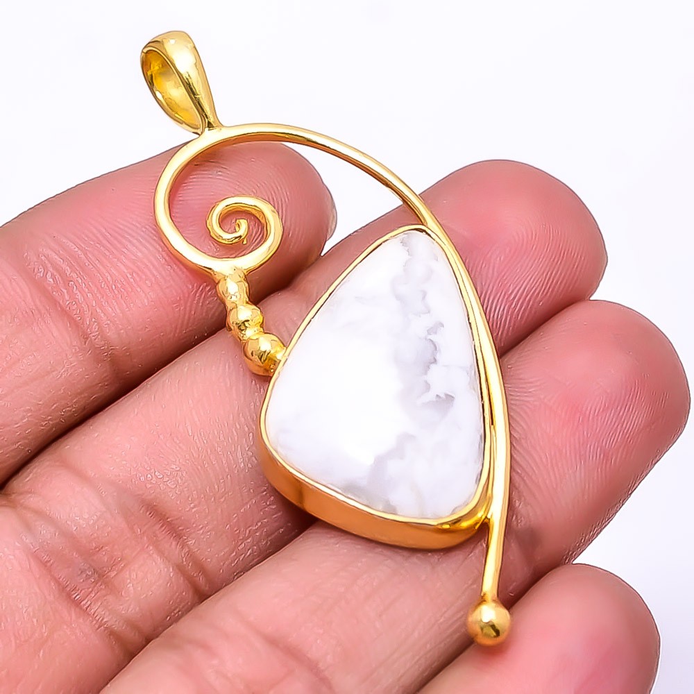 White Howlite – United States Gold Plated 925 Sterling Silver Pendant 2.15″ P3