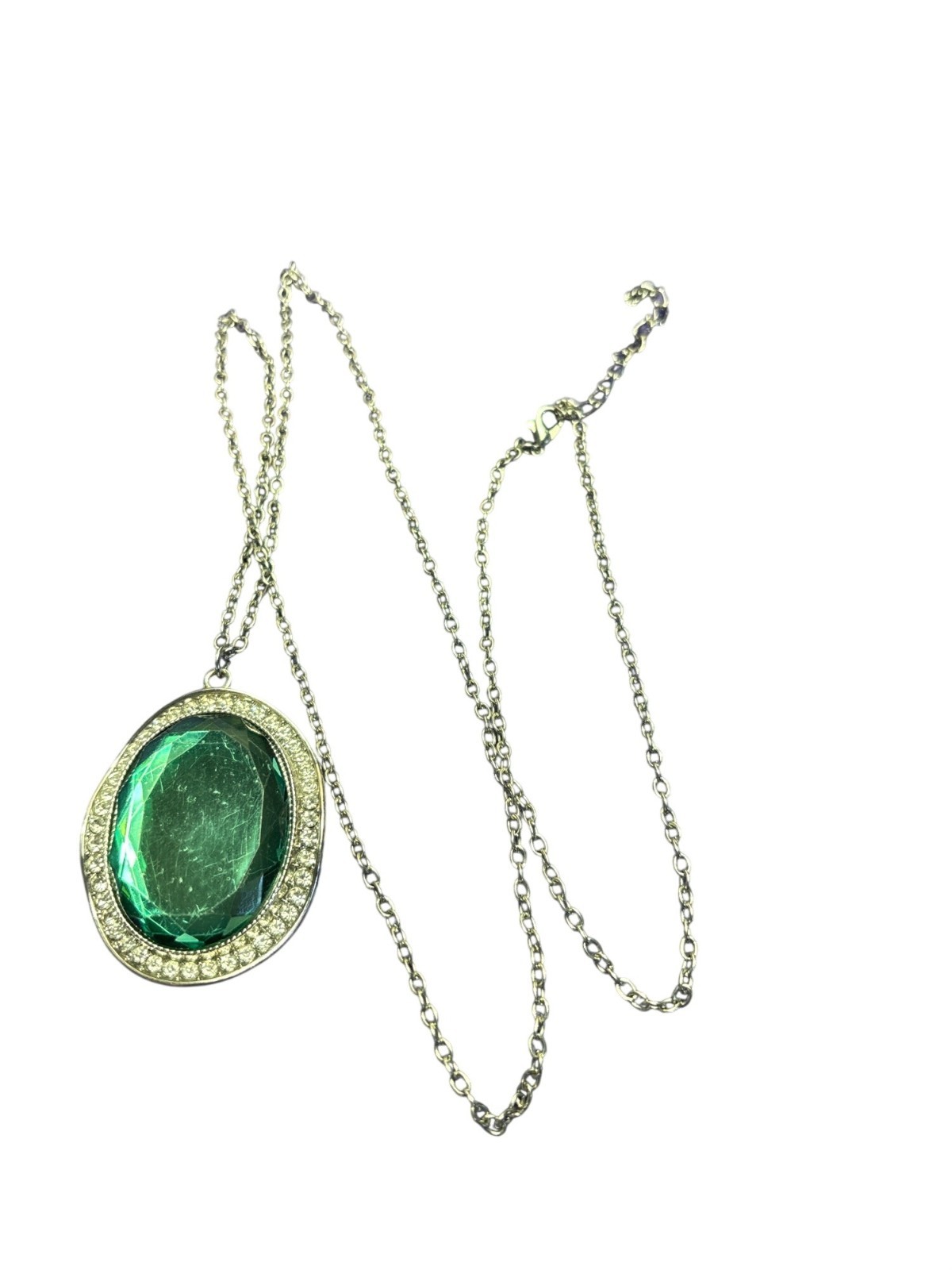 Green Plastic Rhinestone Pendant Necklace Silvertone Oval Clear Rhinestone Halo