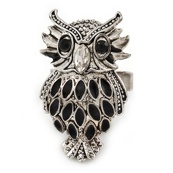 Owl Ring In Silver Tone Metal with Black Enamel Detailing – 30mm L – 7/8 Size –