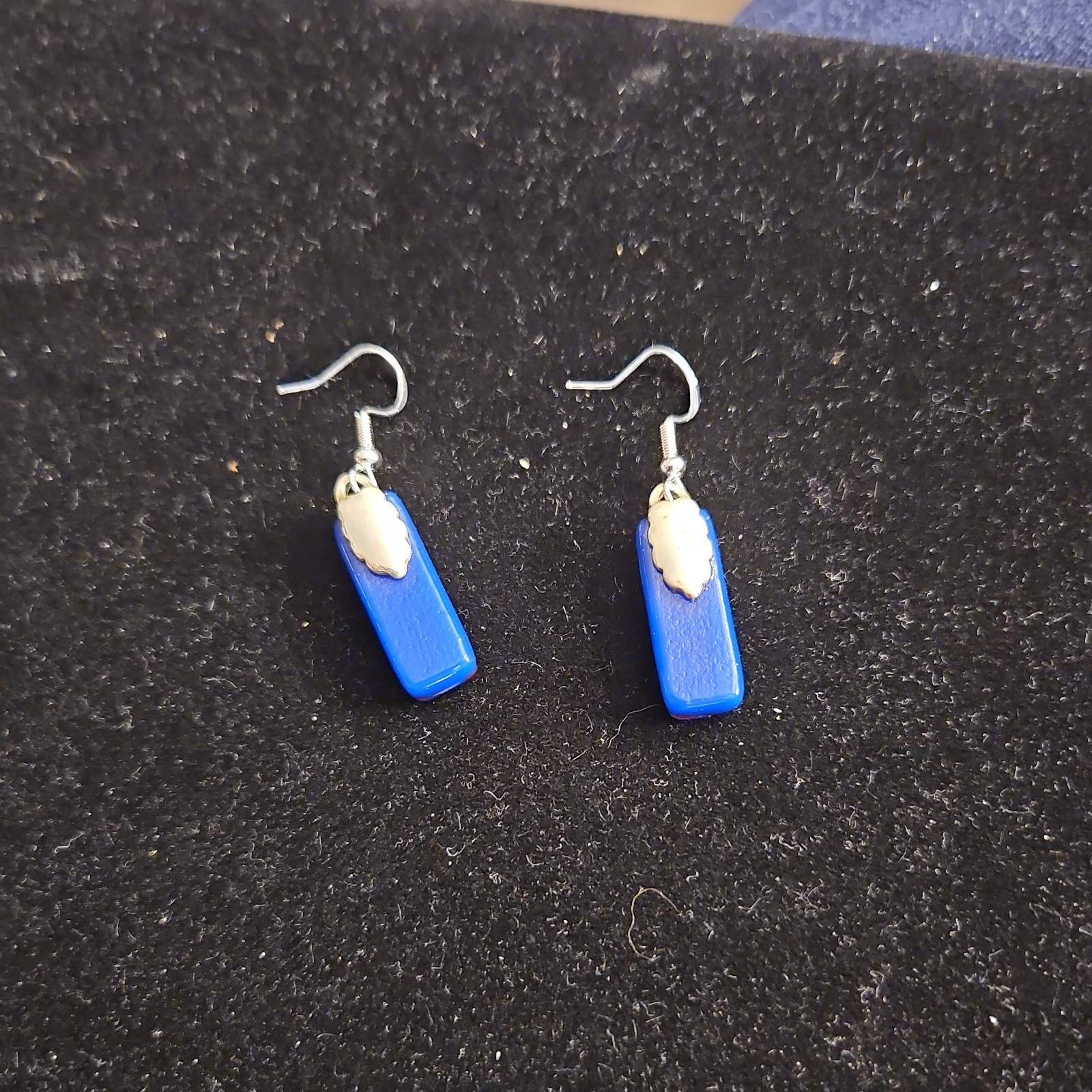 Blue Rectangle Glass & Metal Dangle/Drop Earrings Hook Closure With Stone