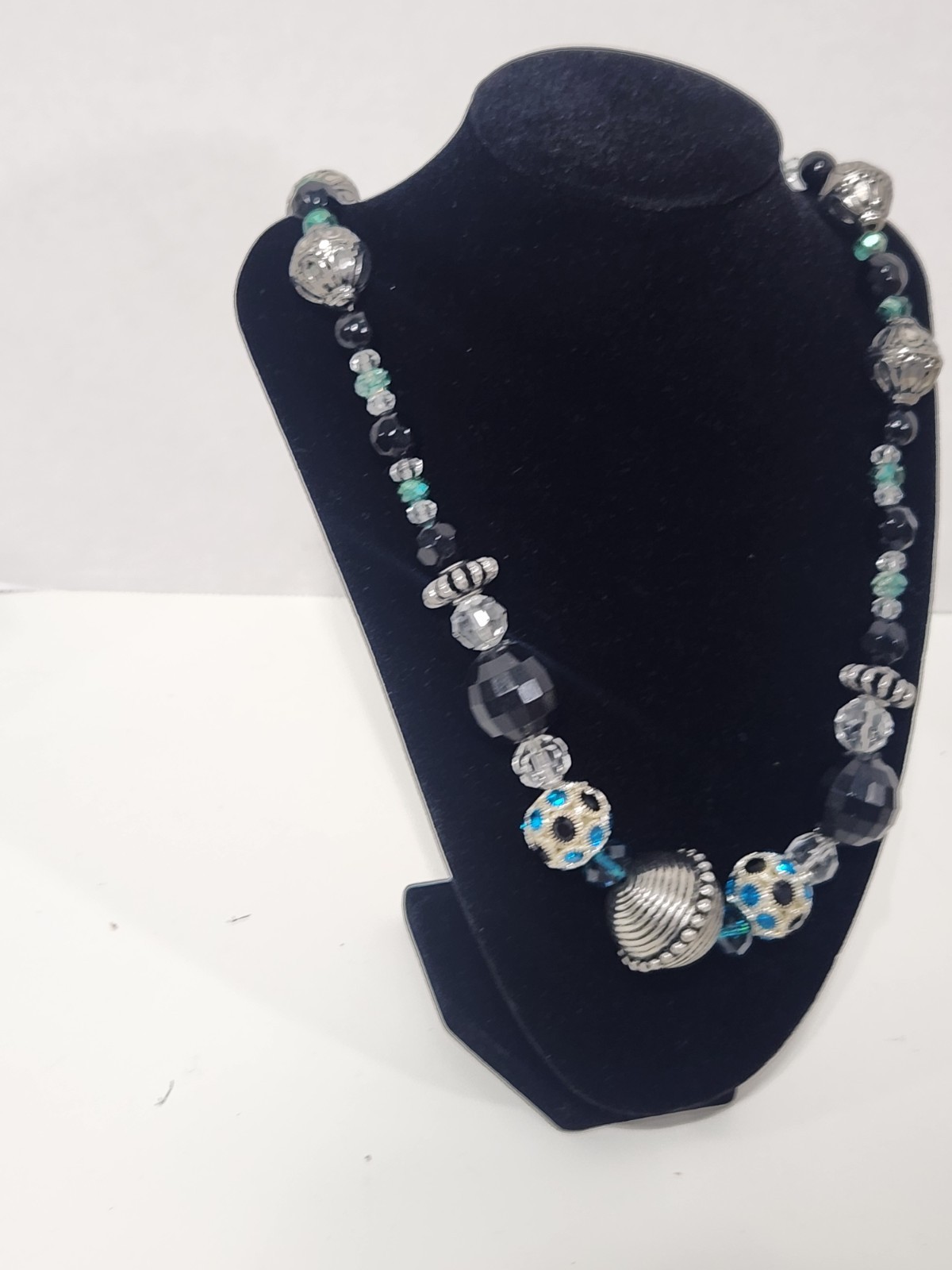 Black Silver Blue Glass Beaded Statement Necklace Rhinestone 24 in