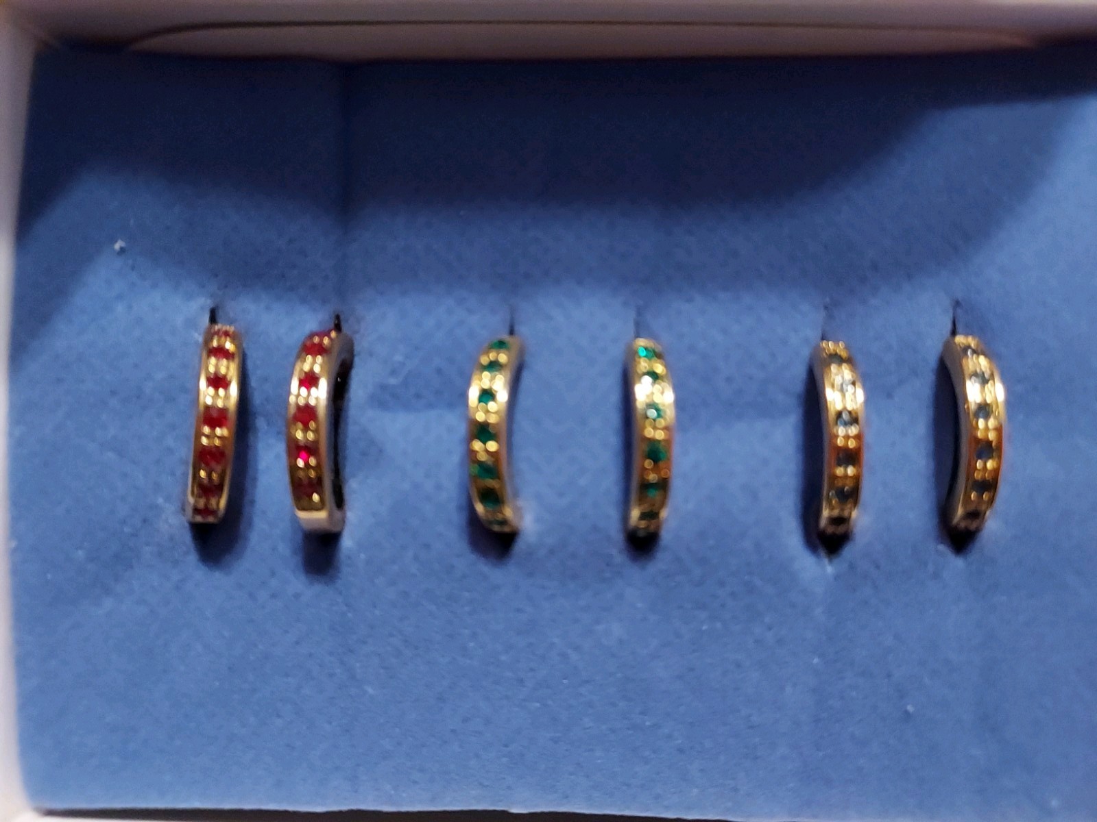 Avon 2004 Goldtone Colored Hoop Earrings Set Nib Red,Green,and Blue