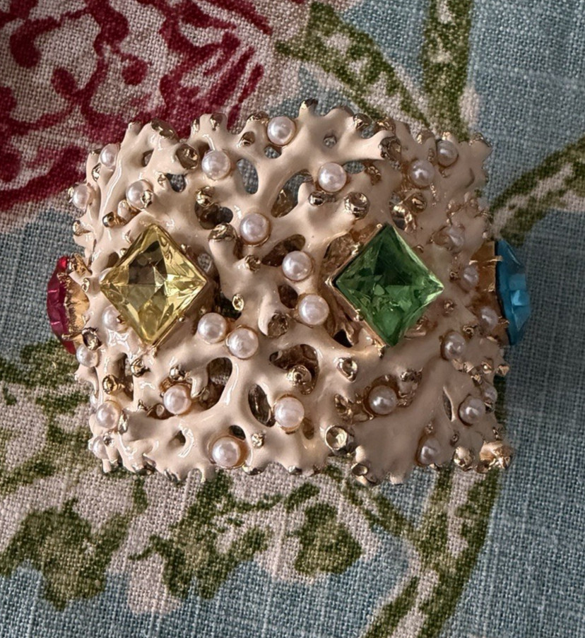 KJL Kenneth Jay Lane Rhinestone White Enamel Coral Hinged Cuff Bracelet