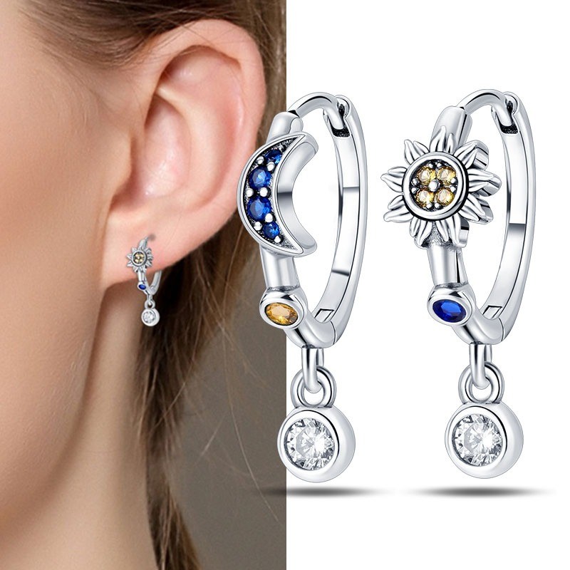 PANDACH 925 Sterling Silver Tiny Moon & Star Huggie Earrings For Women Jewelry
