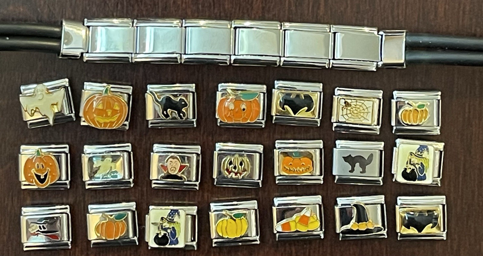 VTG Halloween Ghost Cat Witch Pumpkin Candy Corn 9mm Italian Charms + Bracelet