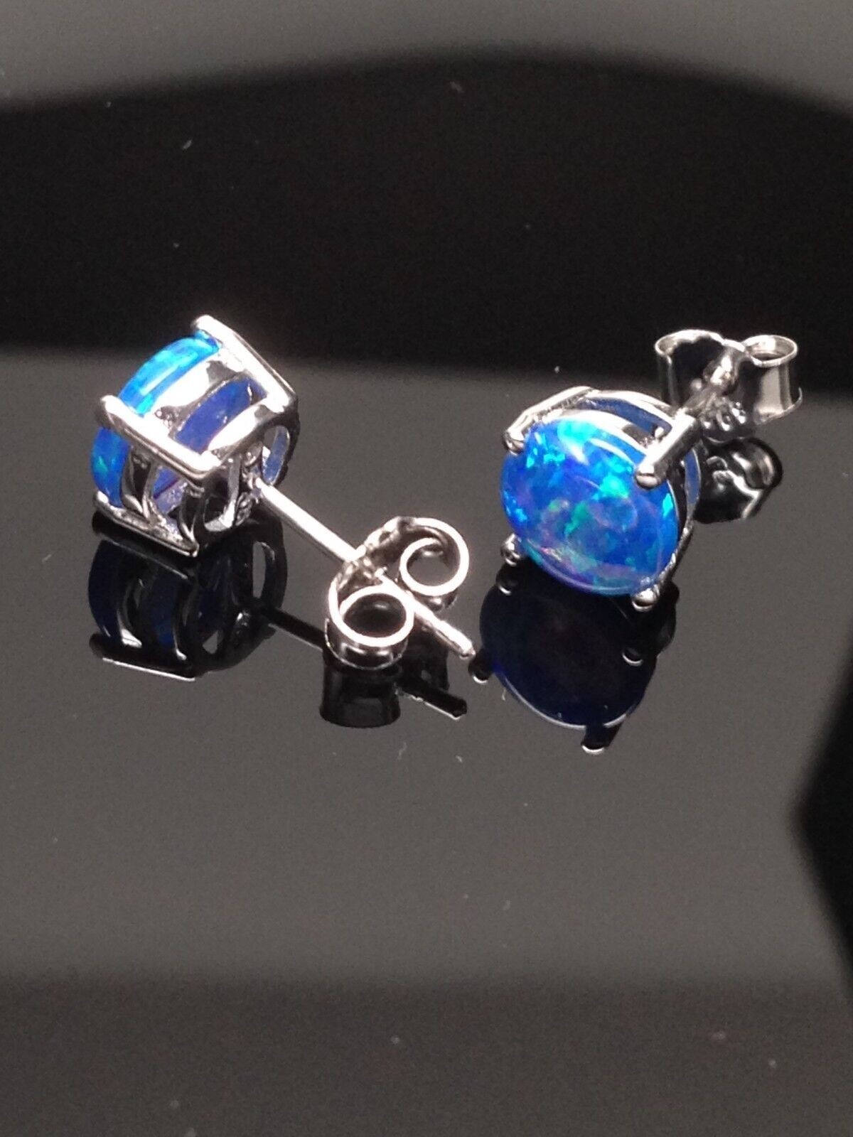925 Sterling Silver Round Blue Opal Stud Earrings Dainty Studs 5.8mm