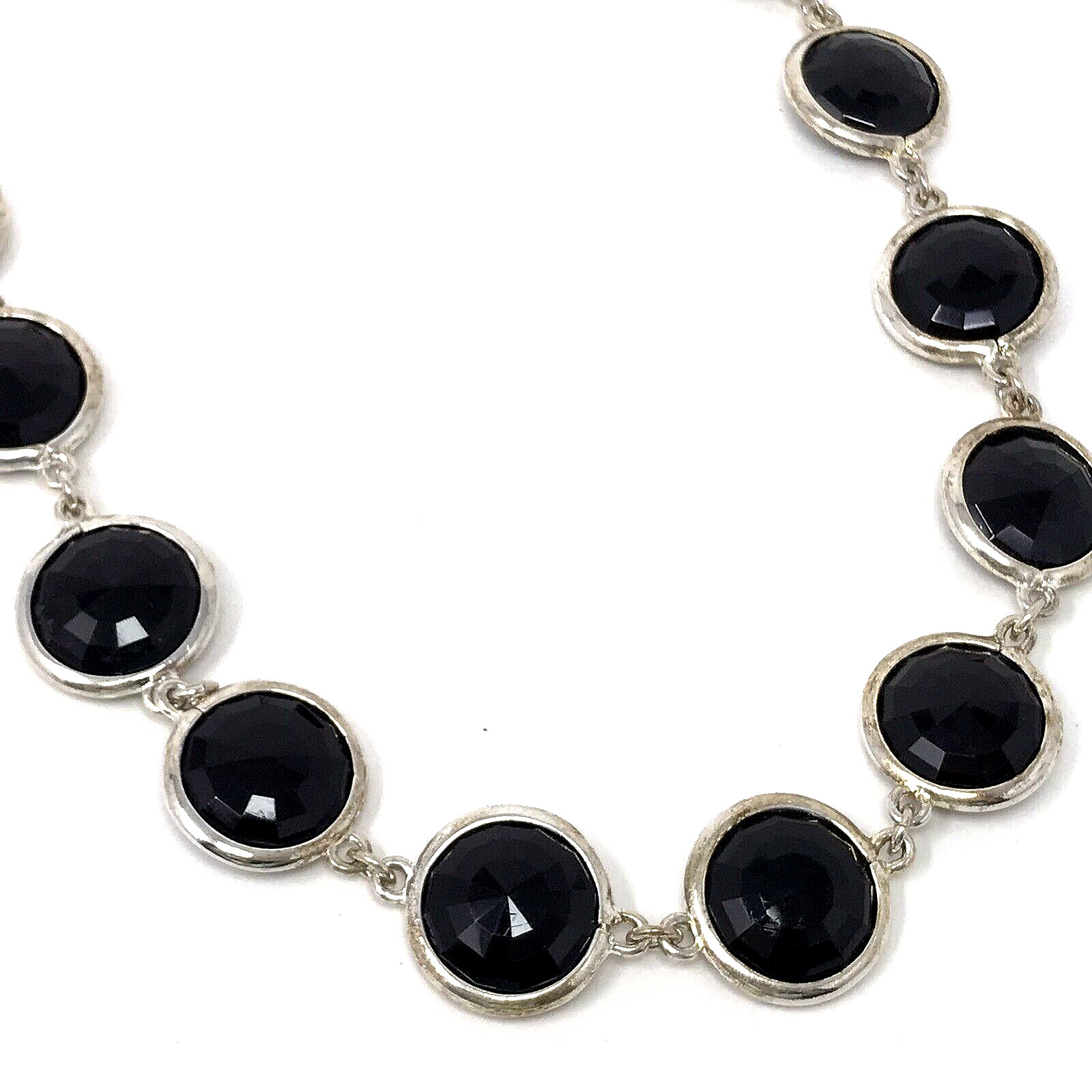 WHBM White House Black Market Round Black Faceted Link Necklace Silver Tone 21″