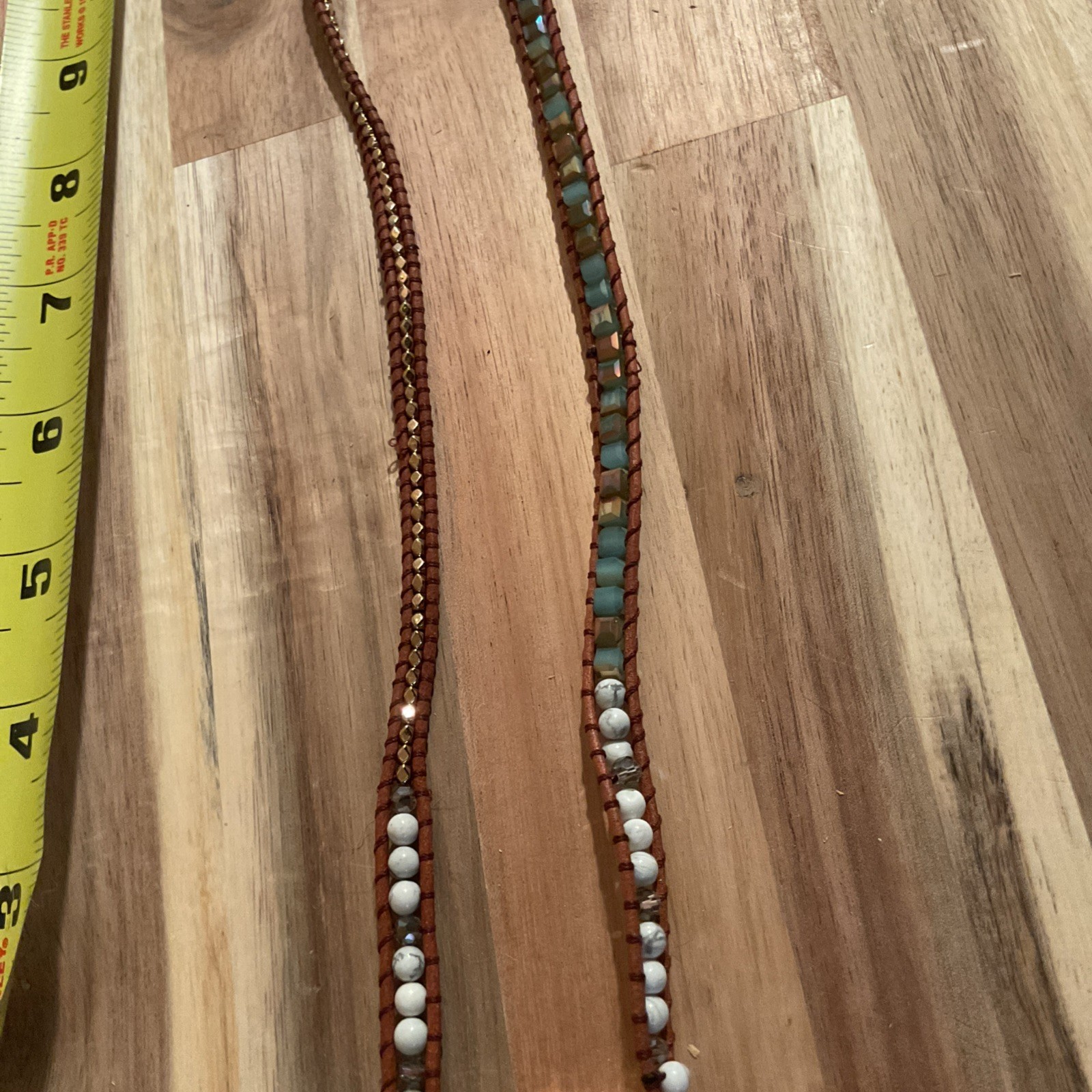 Blue Turquoise Color Stone Gold Edges Leather Beaded Necklace 17 Inches Long