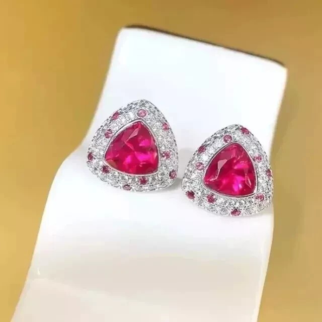 Trillion Cut Simulated Pink Ruby Women’s Stud Earrings In 14k White Gold Plated