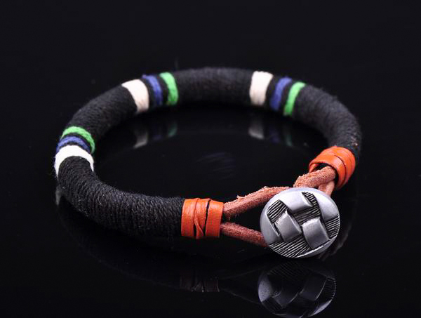 S471 Surfer Cotton Wrap Leather Men’s Leather Wristband Bracelet Cuff Black