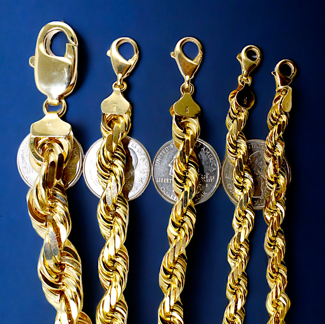 14K Yellow Gold Solid Rope Chain Necklace Diamond Cut Real Gold 1mm-12mm 16″-30″