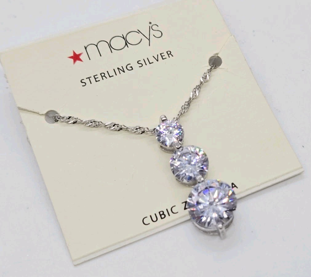 Sterling Silver 925 Pendant Necklace 3 Round Cubic Zirconia Stone Drop CZ 17 in