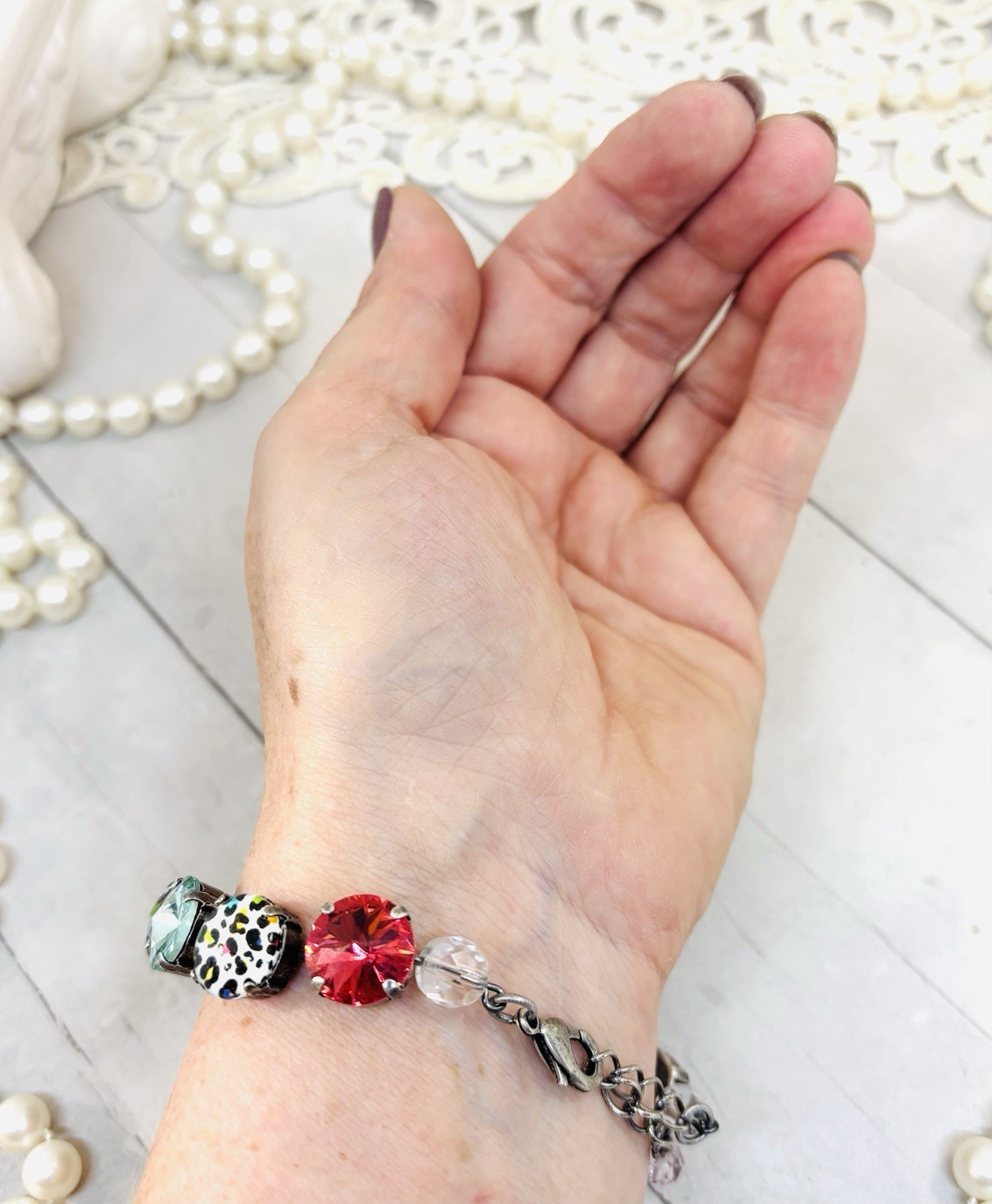 Antique Silver Plated Rainbow Leopard Cup Chain Statement Bracelet
