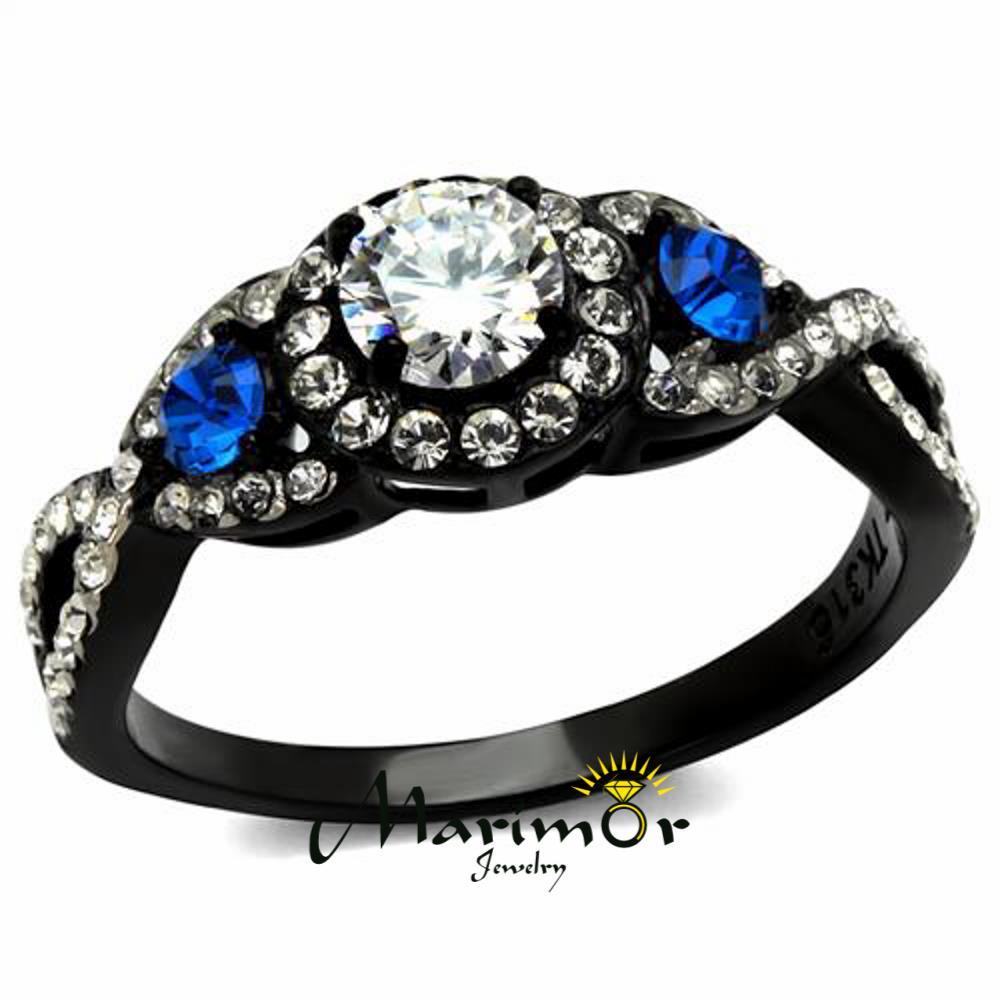 1.26 Ct Clear & Blue Cz Halo Stainless Steel Black Engagement Ring Women’s 5-10