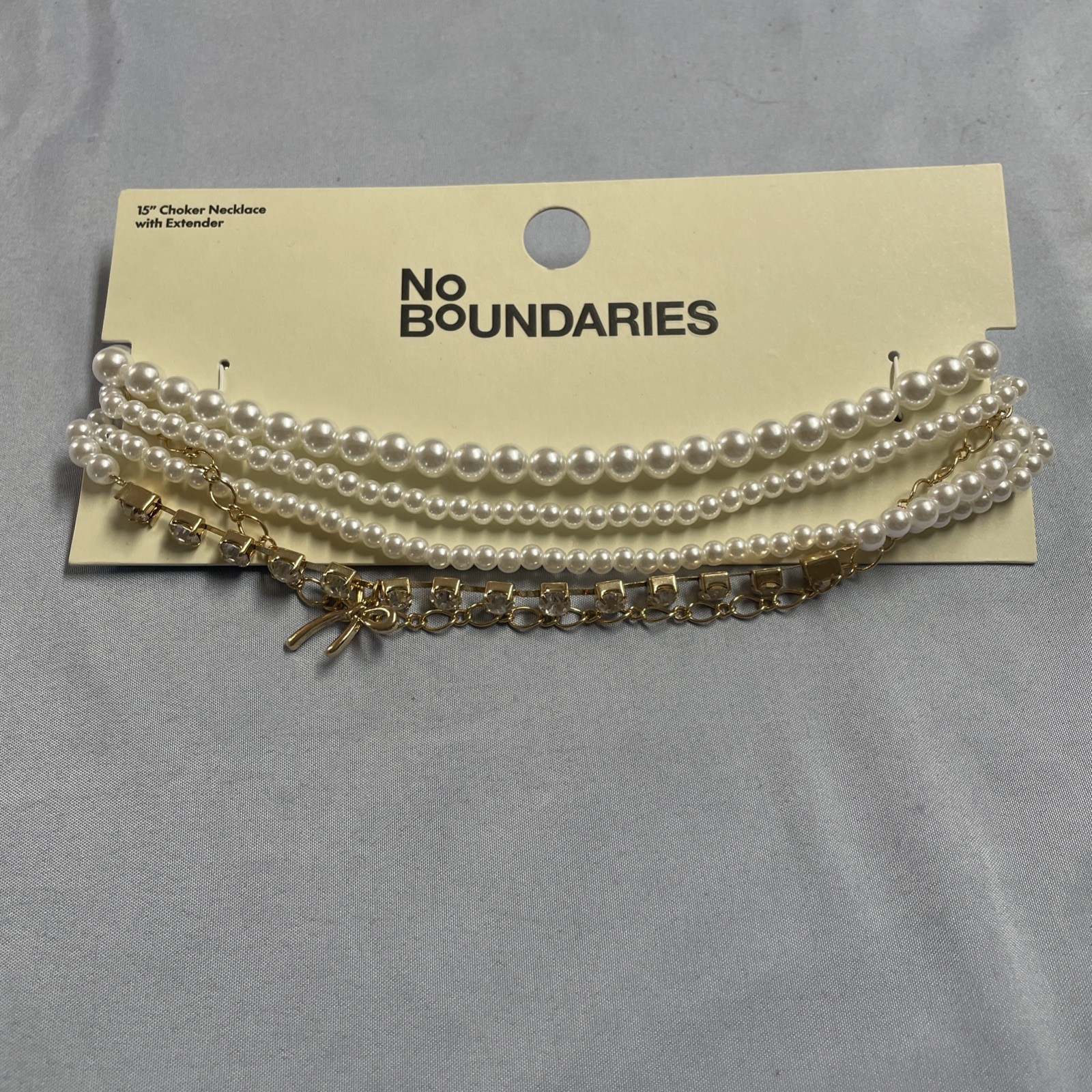No Boundaries 15in Faux Pearl Choker Gold Toned Bow Charm Extender