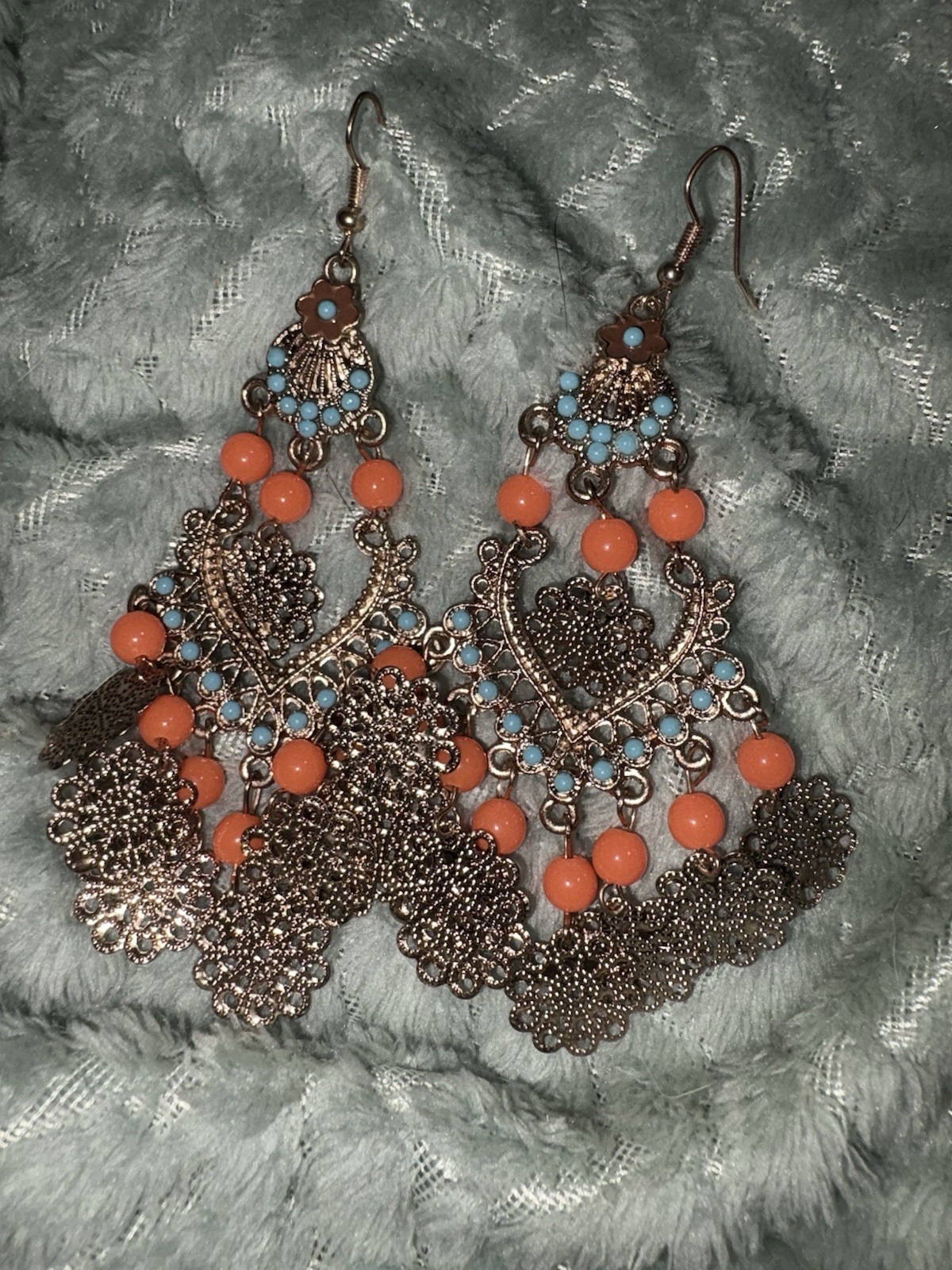 Silver Tone Orange & Blue Beaded Chandelier Dangle Drop Hook Earrings Boho