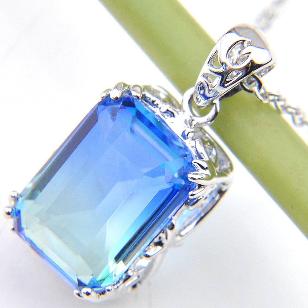 Holiday Handmade Rectangle Sky Blue Bi-color Tourmaline Silver Necklace Pendants