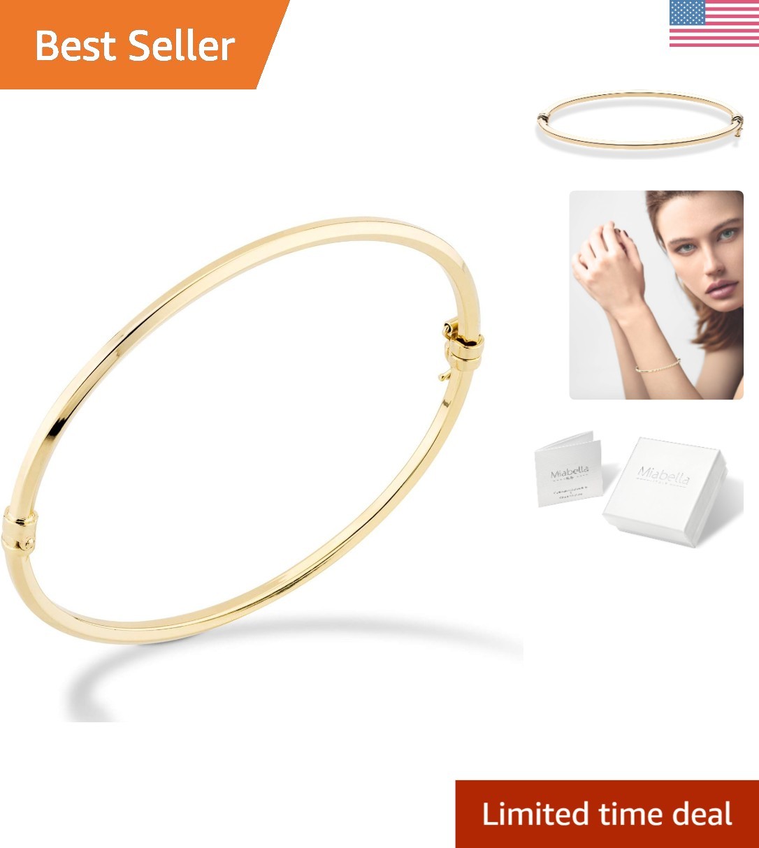 Hypoallergenic 18K Gold Plated Sterling Silver Bangle – 7.5 Inch Fashion Staple