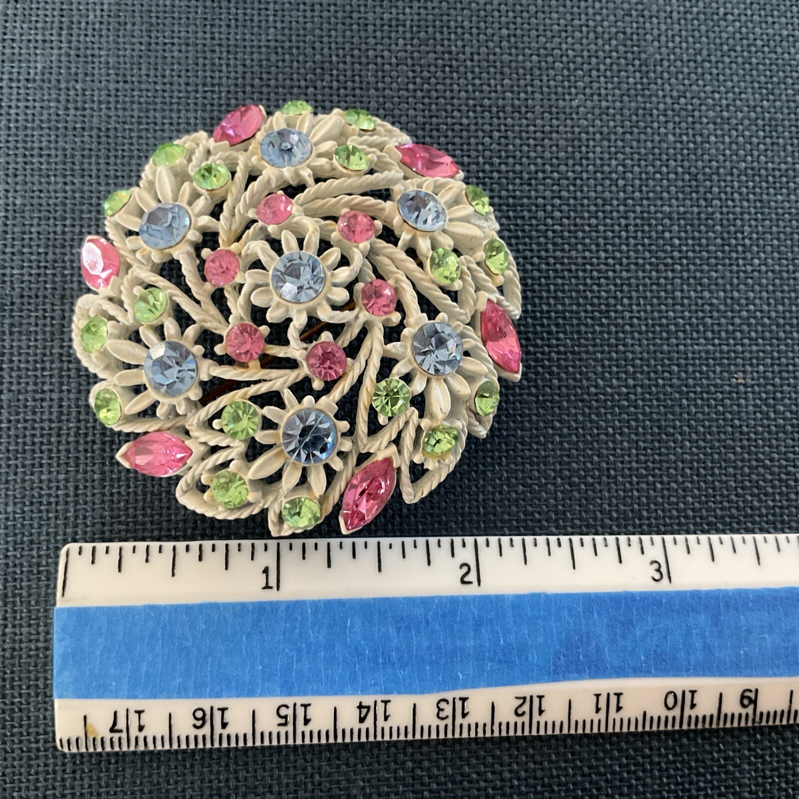 Vintage White Enamel Dome Pastel Rhinestone Brooch w/ Green Uranian Stones
