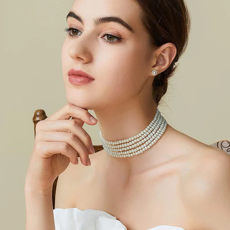 Faux Pearl Layered Collar Choker Necklace Women White Beaded Rope Jewelry