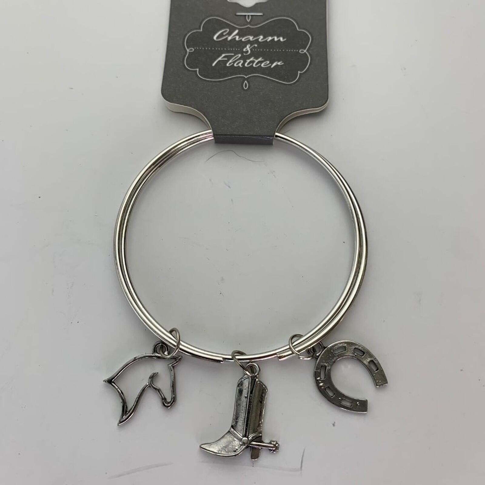 Charm & Flatter Silver Tone Cowboy Western Charm Bracelet Horse Boot Horseshoe N