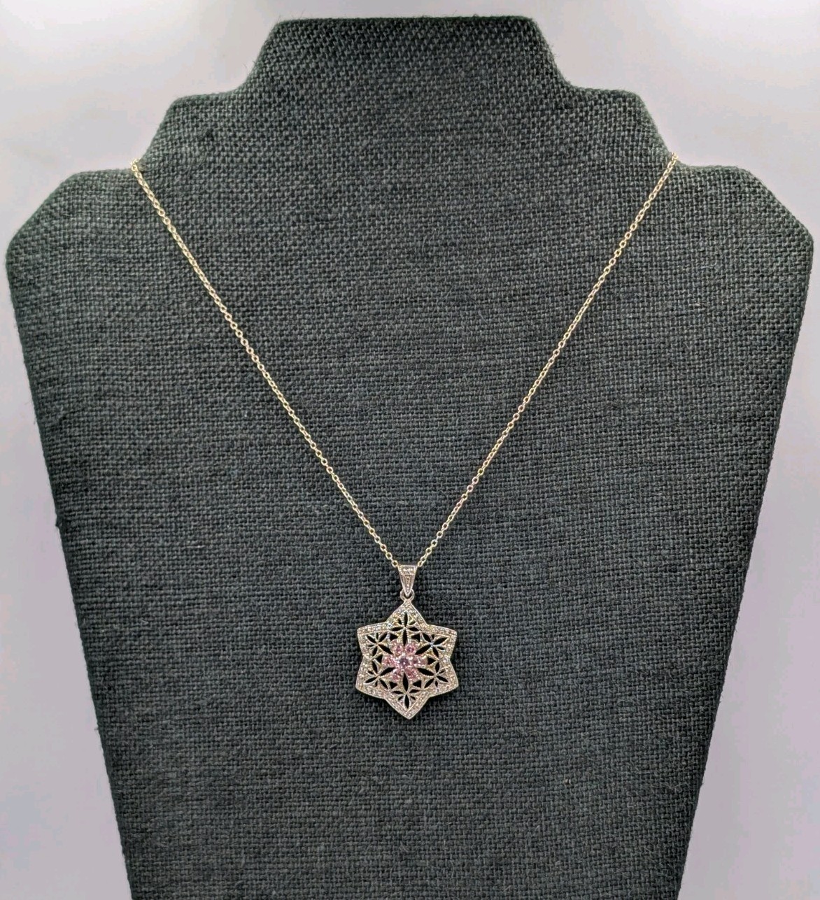 Sterling Silver Pink White CZ Flower Star Of David Pendant 16.25″ Cable Necklace