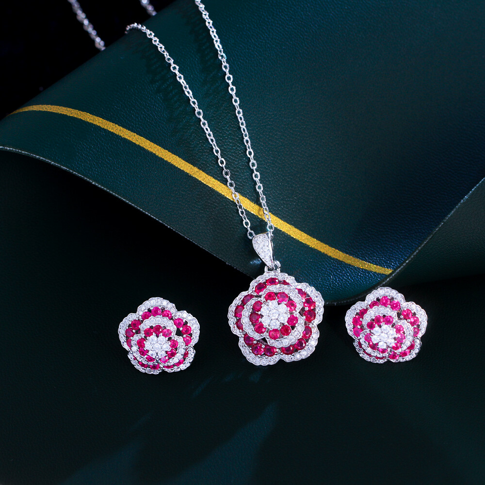 Flower Necklace Earrings Set Silver Plated Fashion Brand CZ Women Party Jewelry