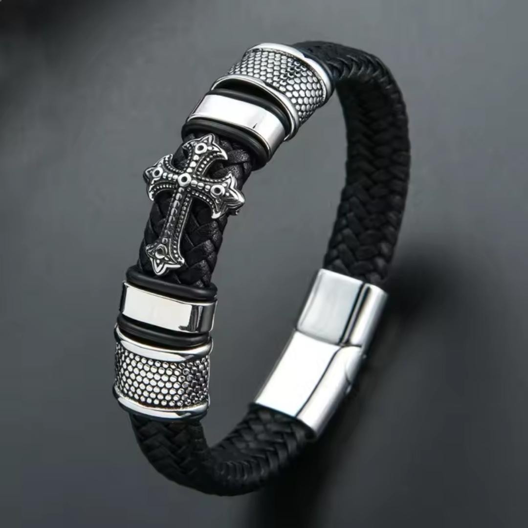 Men Women Stainless Steel Cross Black Braided Leather Bracelet Christian Bangle