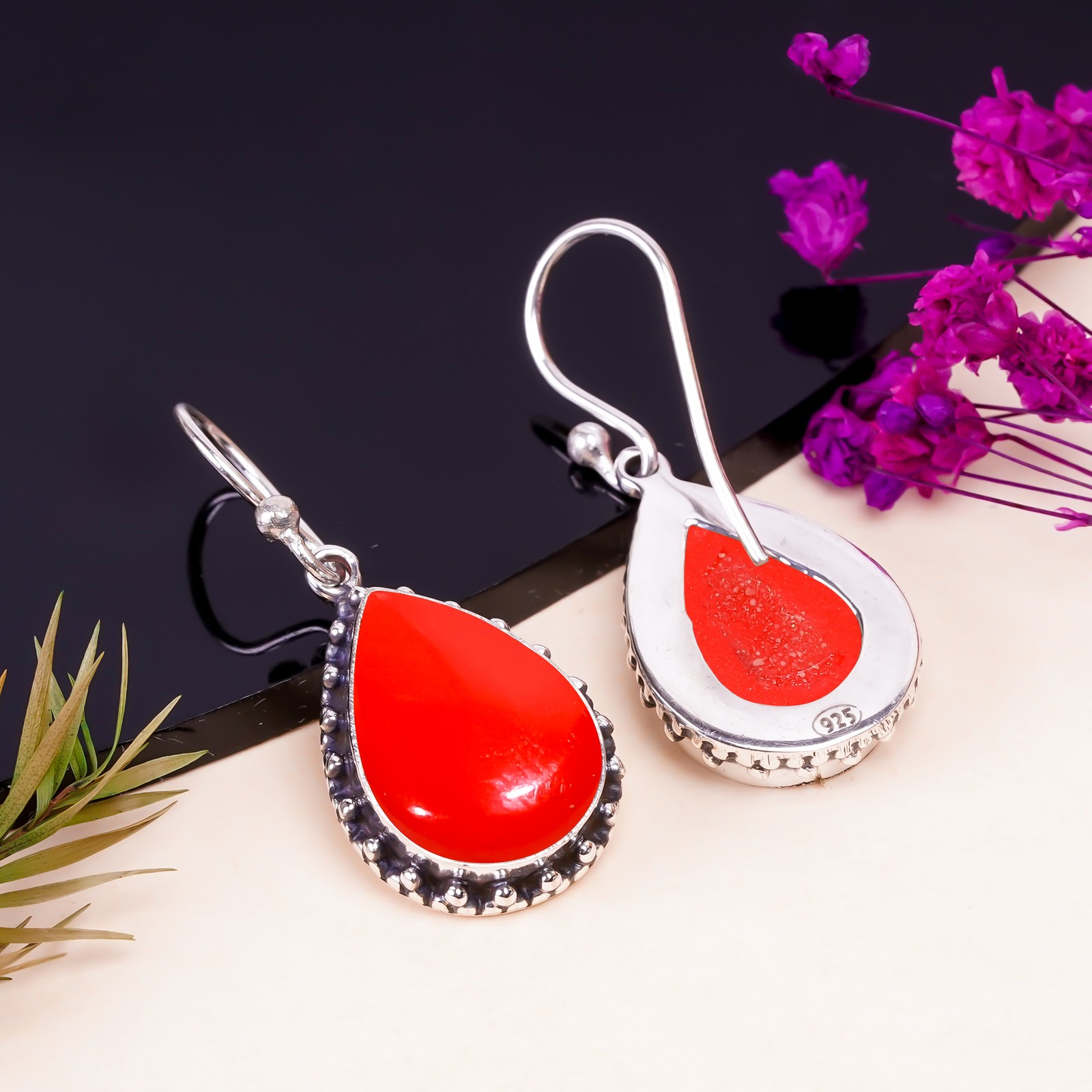 Red Coral 925 Sterling Silver Earring, Christmas Gift, Gift For Her E150046