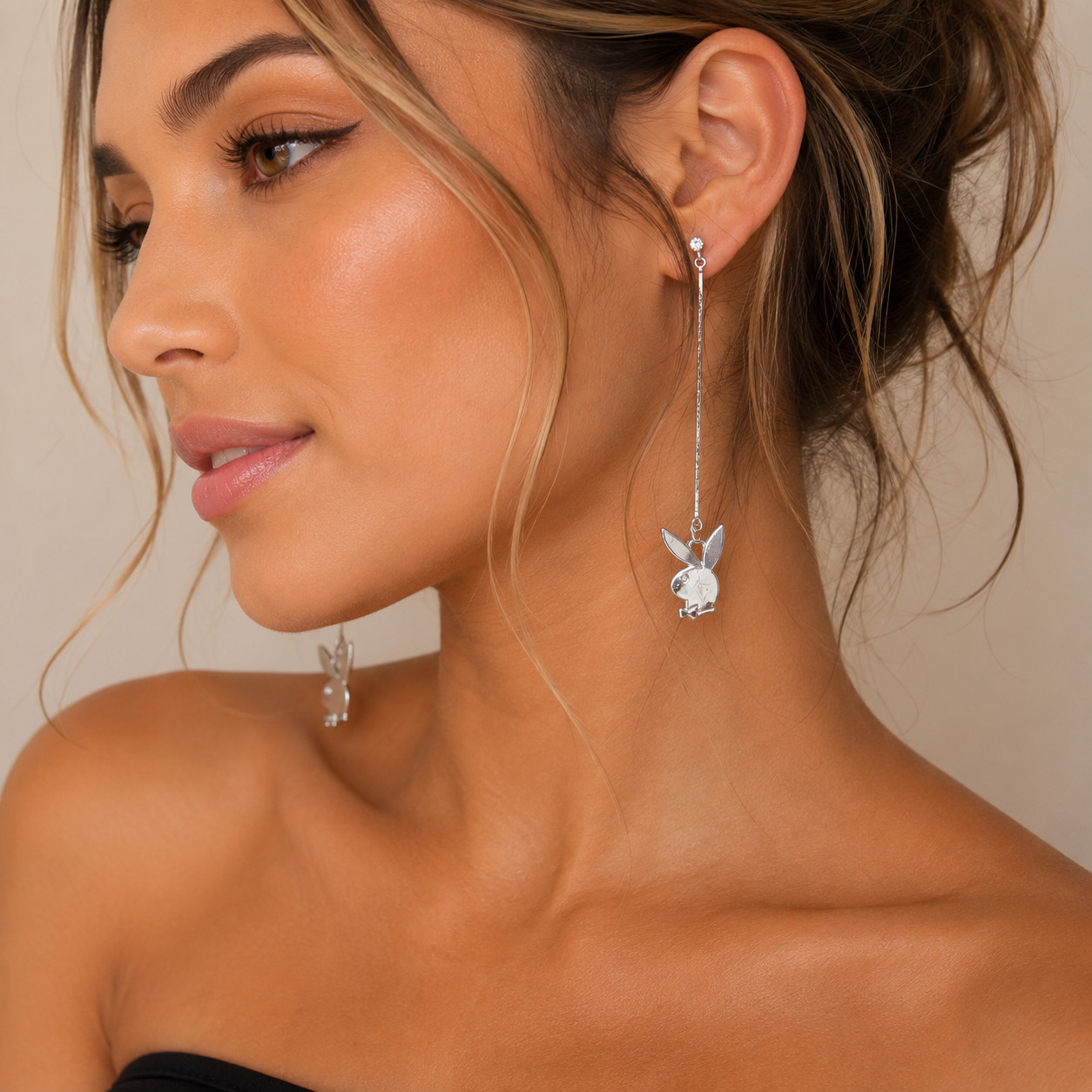 Playboy Bunny Long Threader Dangle Earrings Silver Tone Rhinestone Y2K